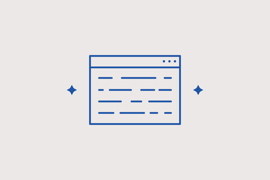 Web browser code text wireframe line icon for frontend programming interface development. Technical vector illustration for digital workspace layouts, script editing, or layout engineering.