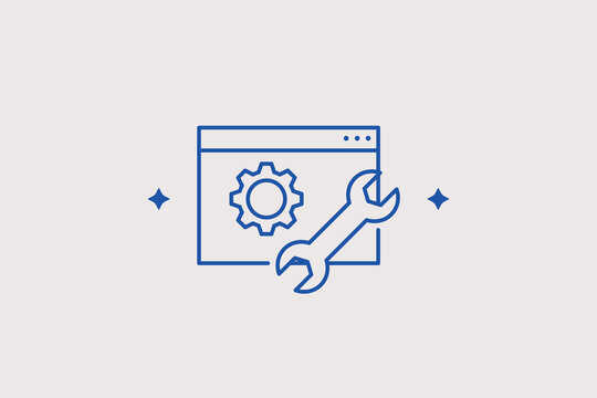 Web browser wireframe with configuration wrench tool line icon for online backend optimization. Technical vector illustration for SEO tracking dashboards, website building apps, or setups.