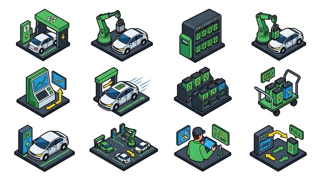 Collection of isometric icons for electric vehicle battery maintenance and operations.