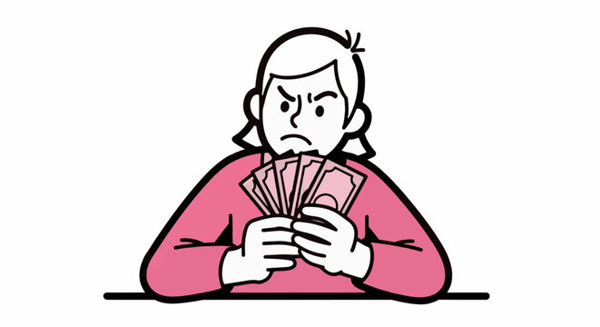 Frustrated cartoon woman holding fan of cash.