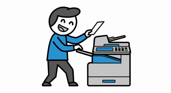 Happy cartoon character using office printer machine.