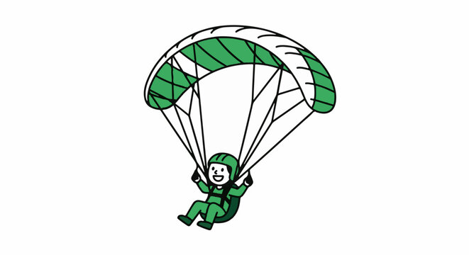 Whimsical Cartoon Character Parachuting With Green Parachute.