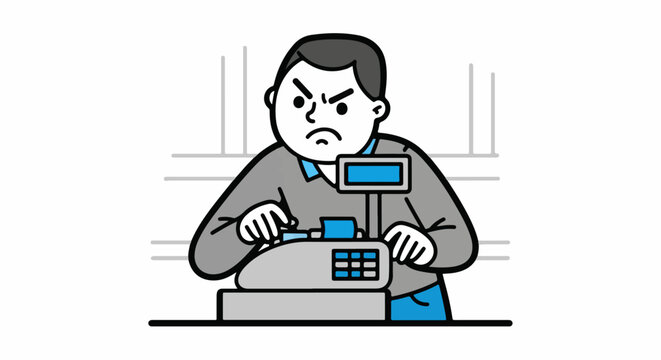 Frustrated man using outdated cash register machine.