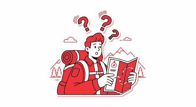 Confused traveler reading map with question marks around.