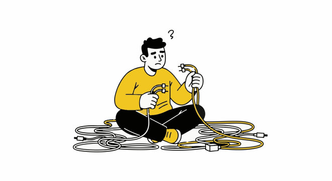 Confused man surrounded by tangled wires and cables.