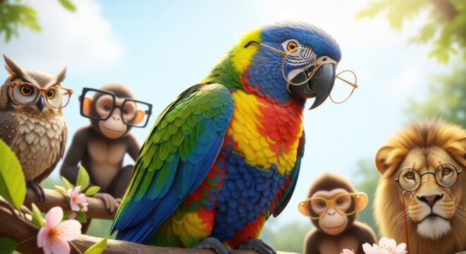 colorful parrot with glasses and animal friends