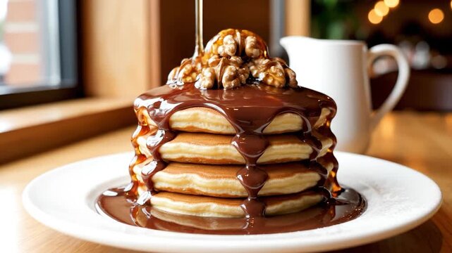 Stack of fluffy pancakes drizzled with chocolate sauce and topped with walnuts in a cafe setting