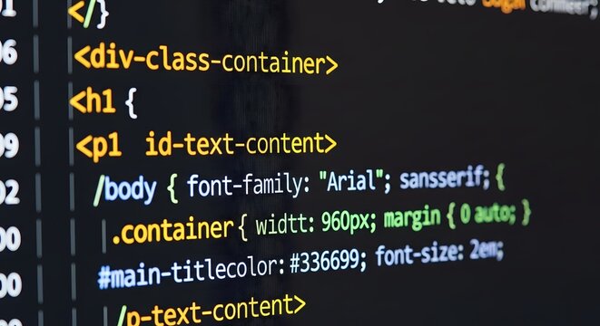 Close-up of web development code with css styling on a dark computer screen development programming computer