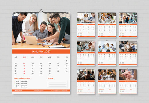 Minimal Corporate Company Wall Calendar 2027 Template with Holiday and Notes