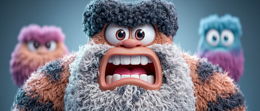 Realistic 3D cartoon character with curly dark hair, full beard, large expressive eyes, exaggerated facial features