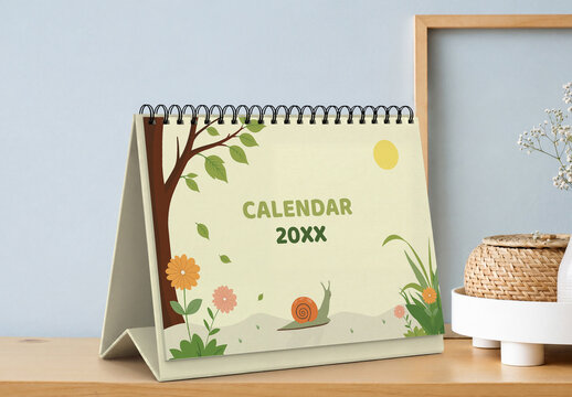 Monthly Desk Calendar Design Template with Forest and Nature Vector Illustration