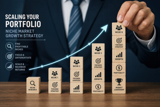 Businessman hand scaling portfolio with niche market growth strategy blocks rising arrow portfolio scaling niche research focused strategy growth profitability market leadership