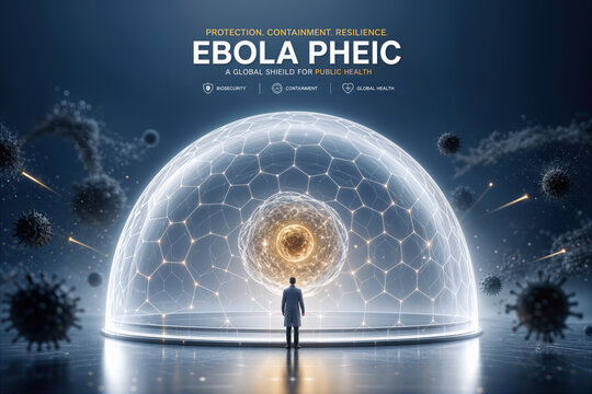 Ebola PHEIC biosecurity dome containing single glowing human cell with hexagonal energy shield scientist silhouette protection containment public health emergency