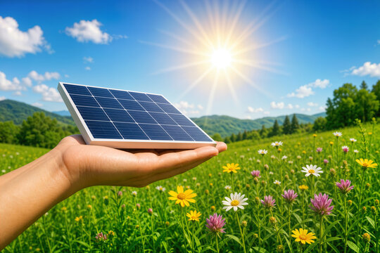 Hand holding solar panel in wildflower field under bright sun representing renewable energy sustainability solar power eco friendly green technology conservation concept for The Environment