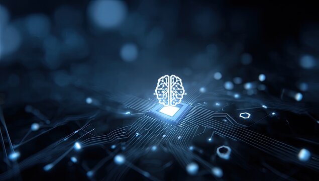 Glowing digital brain schematic on illuminated microchip circuits