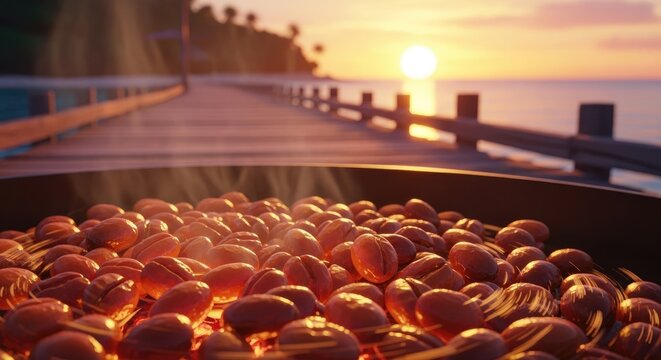 Roasted Coffee Beans with Sunset View.