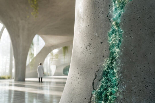 Self-healing bio-cement pillar with glowing teal crystalline lattice repairing micro-crack using calcifying bacteria in minimalist European infrastructure hall with architect