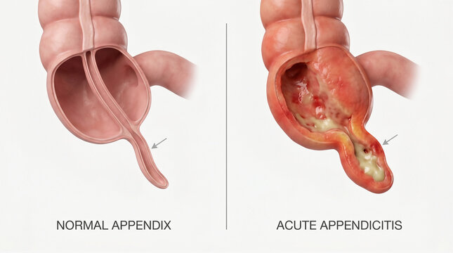 Acute Appendicitis Inflammation and Normal Appendix Cecum Cross Section Illustration