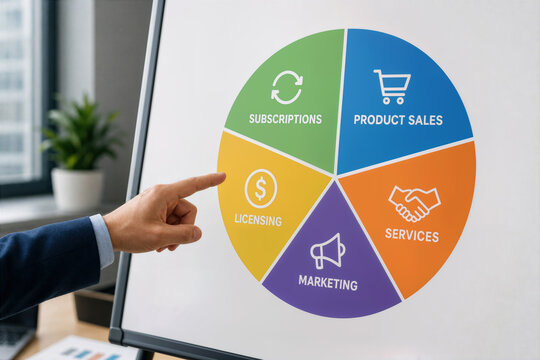 Business presentation hand pointing at colorful revenue streams pie chart showing product sales subscriptions licensing services marketing for corporate strategy meeting discussion