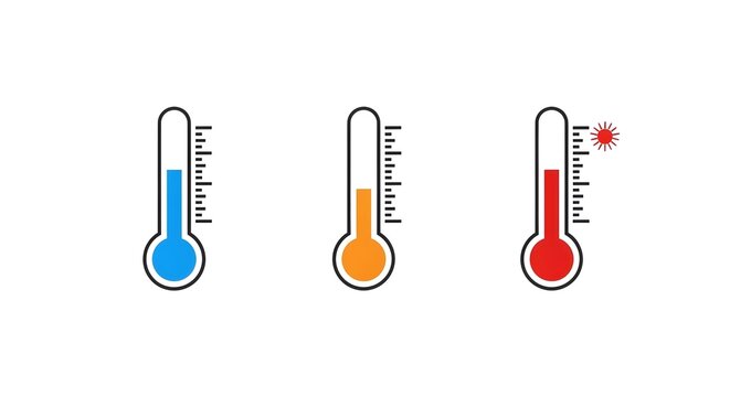 Three Thermometers Showing Temperature Levels in Different Colors.