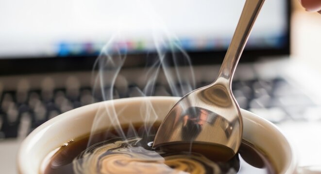Steaming Coffee Cup with Spoon and Laptop.