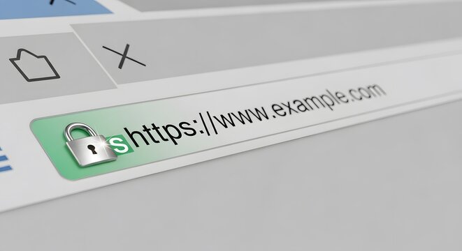 Secure browser address bar showing green padlock icon and https protocol for website example dot com with internet
