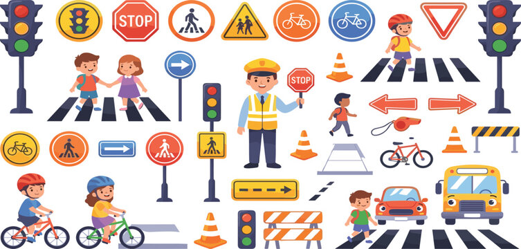 Road safety traffic rules for kids vector bundle with crosswalk police officer and school bus