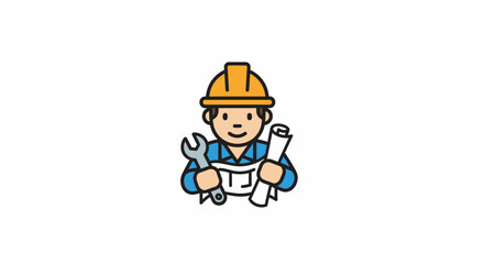 Fototapeta premium Architect mascot with hard hat and construction blueprints.