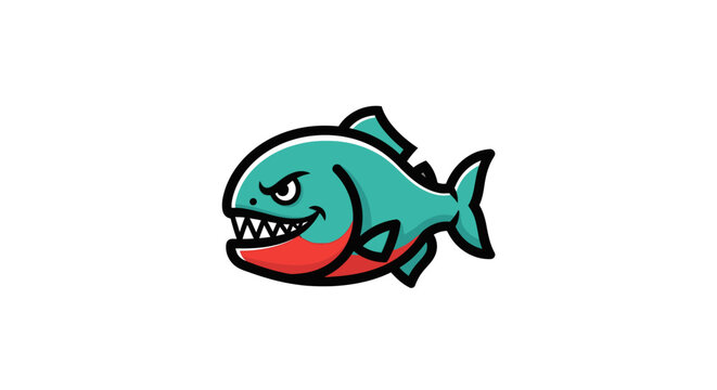 Angry teal piranha cartoon fish mascot illustration.