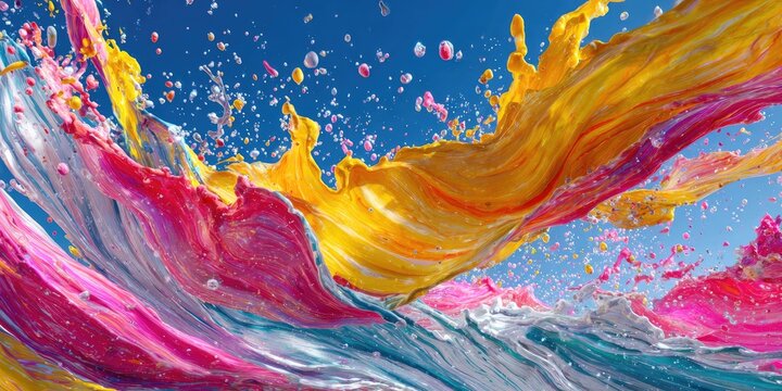 Vibrant splashes of pink, yellow, and blue paint explode against a clear blue sky