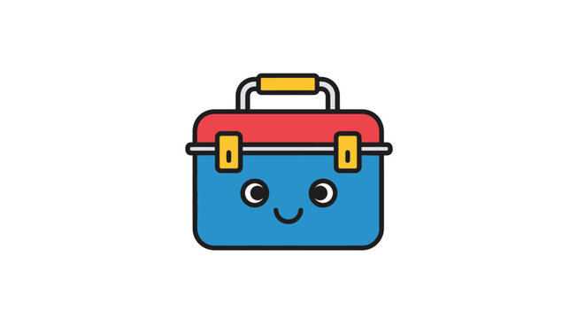 Cute blue and red cartoon tool chest mascot.