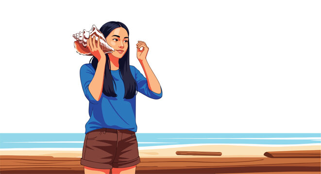 Woman holds conch shell to ear by the ocean