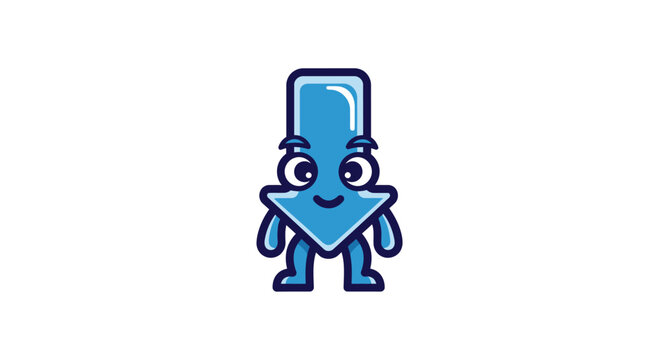 Cute blue down arrow mascot character with friendly face.