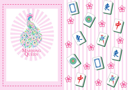 Pink mahjong time party invitation and seamless pattern background set