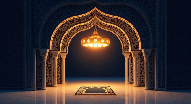 Grand mosque interior with ornate arches and prayer rug under golden chandelier illumination.