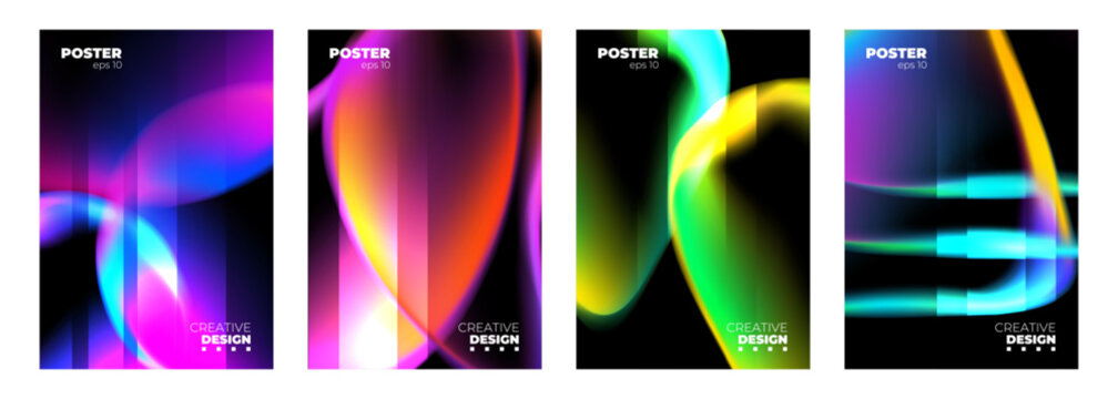 Abstract Posters Set. Vibrant color gradient shapes and light effect on black background. Creative graphic designs. Vector illustration.