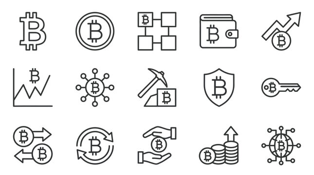 Bitcoin cryptocurrency icon set digital finance and investment graphics