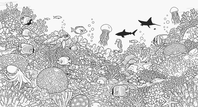 Intricate underwater scene with diverse marine animals line art.