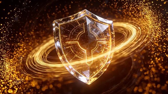 Crystal shield shape with glowing gold geometric lines on a dark background