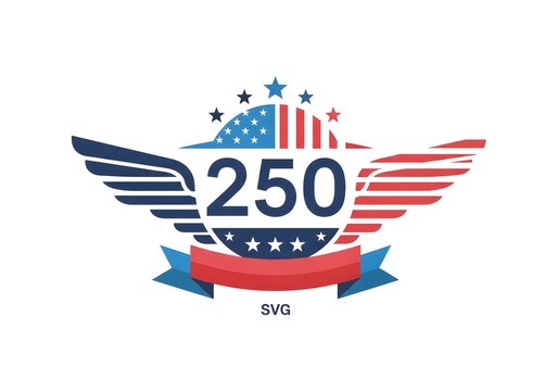 Patriotic winged emblem with american flag and 250 number