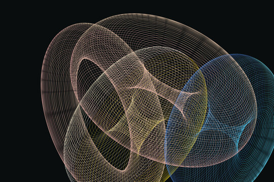 Abstract 3d rendering of interlocking transparent torus shapes with blue and gold hues 3d rendering