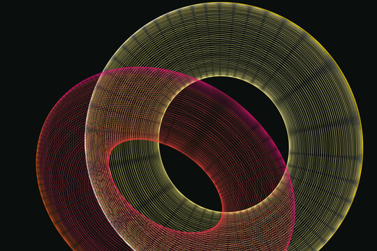 Interlocking 3d torus rings in gradient colors of red, yellow, and green 3d torus interlocking rings