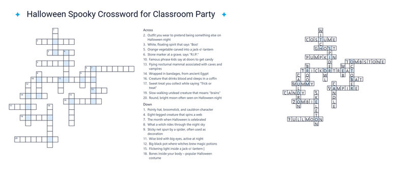 Kids solving Halloween spooky crossword puzzle at classroom party, printable worksheet for teacher