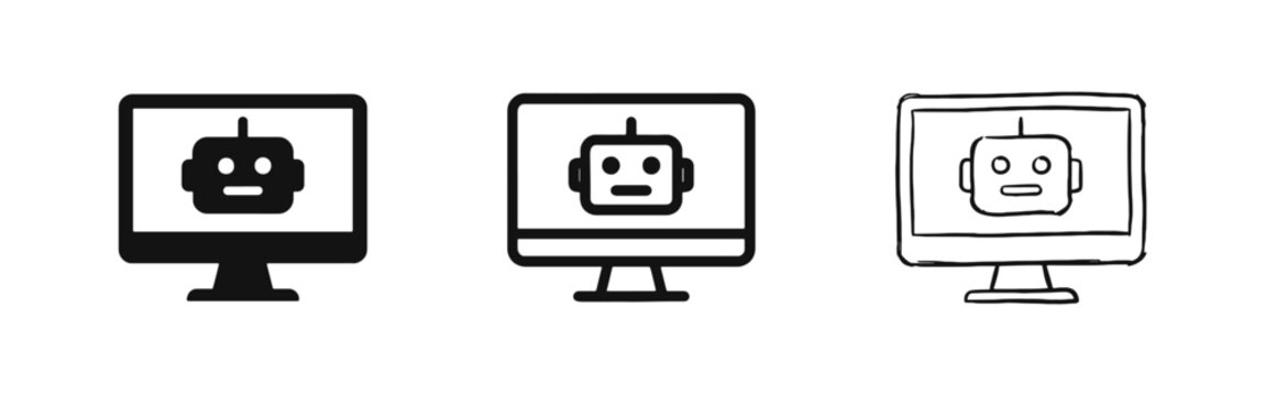 AI chatbot and technology icon set with robot head on computer screen in three different styles