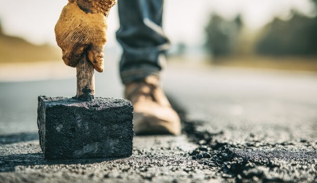 A worker?s gloved hand grips a tamper on a paved road under construction