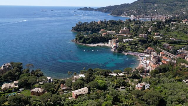 Italy , Liguria , Rapallo , drone aerial view of San Michele di Pagana Beach close to Santa Margherita and Portofino near Genoa . The amazing mediterranean costline in Tigullio gulf natural park    
