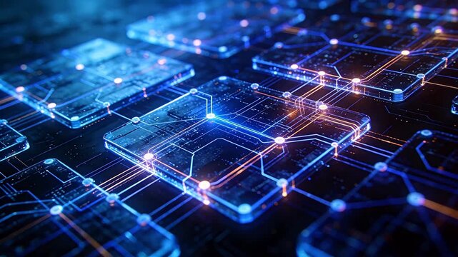 Futuristic digital circuit network with transparent blocks and glowing blue orange lines