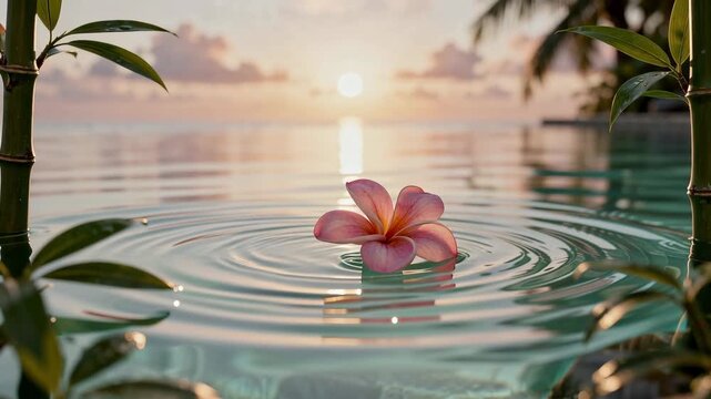 Pink plumeria flower floating on water with calming ripples at sunset tropical relaxation scene