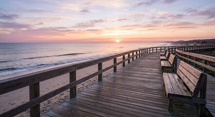 Obraz premium Coastal boardwalk at sunrise with empty benches and pastel sky