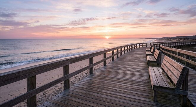 Coastal boardwalk at sunrise with empty benches and pastel sky